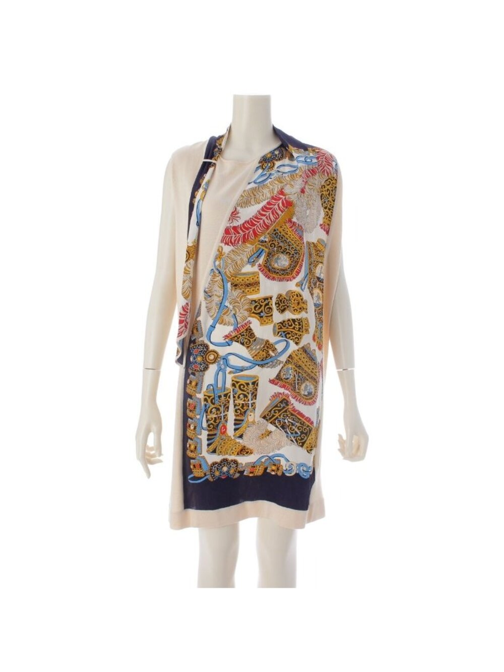 Hermes Silk Wool Contrast Sleeveless Tunic Dress Scarf All Over Print Beige 36